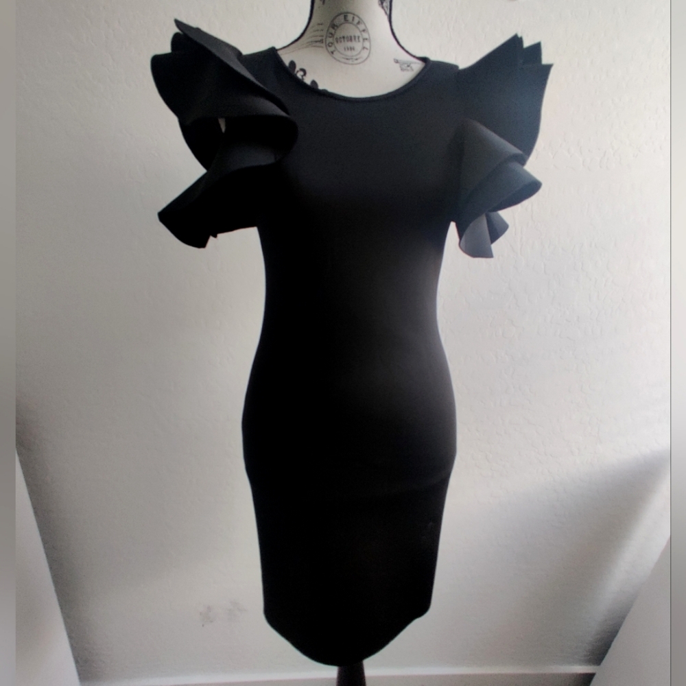 🆕 Olivia Tulle Black Gothic bodycon midi dress with flare Ruffle Sleeves_Small